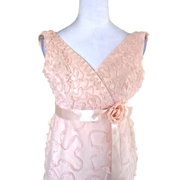 VTG 80s Pink Floral Ribbon Overlay Gown Rosette Waist Formal Dress Coquette Hoco - Picture 3 of 9